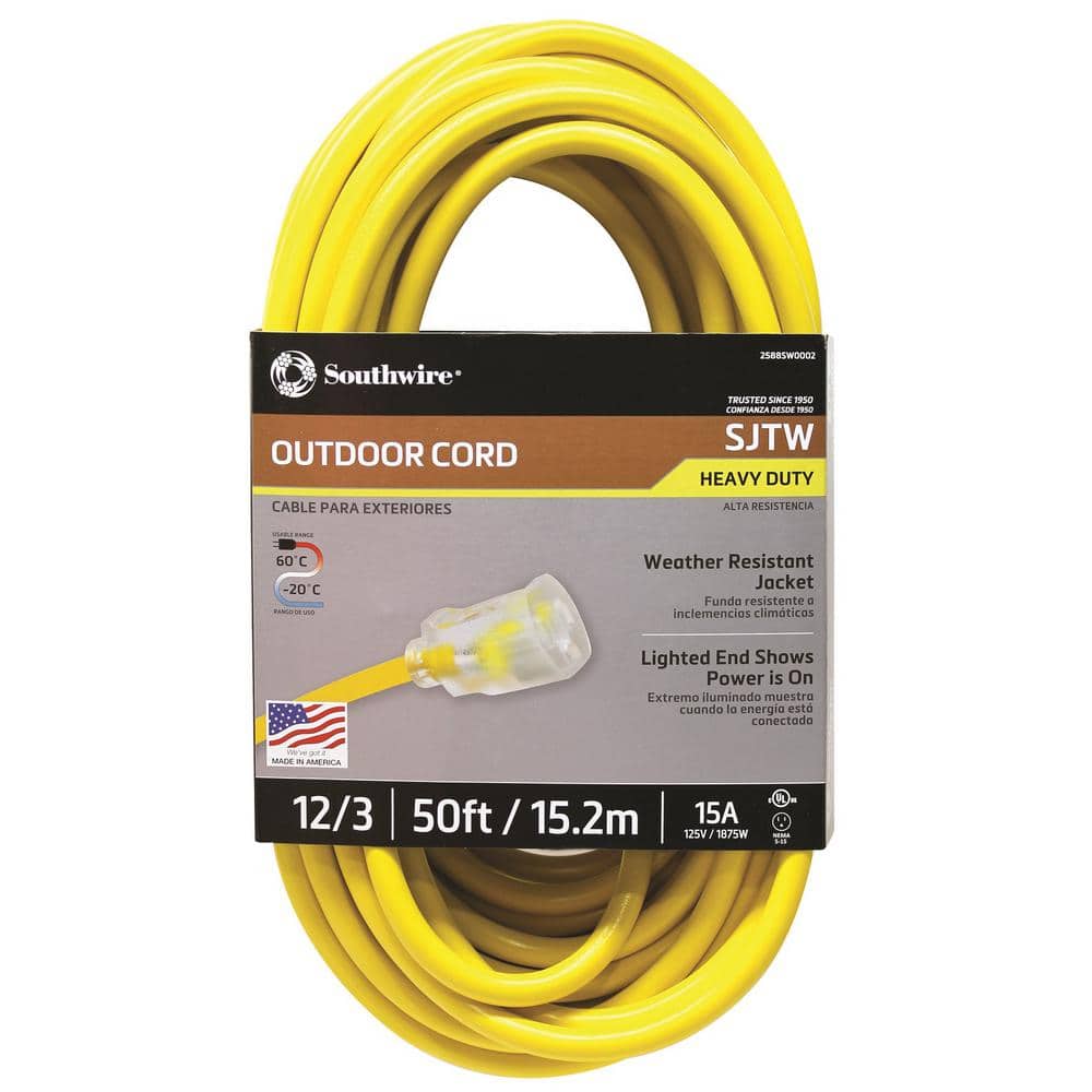 Southwire 50 ft. 12/3 SJTW Hi-Visibility Outdoor Heavy-Duty Extension Cord with Power Light Plug 2588SW0002