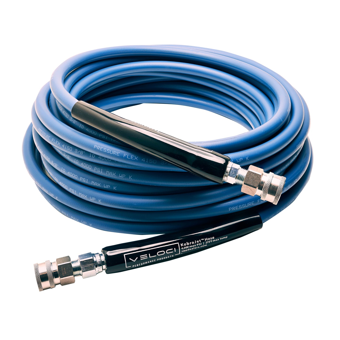 3/8" Kobrajet Smooth Blue Hose, 4300 PSI, 50 FT, Non-Marked, Stainless Steel Couplers.