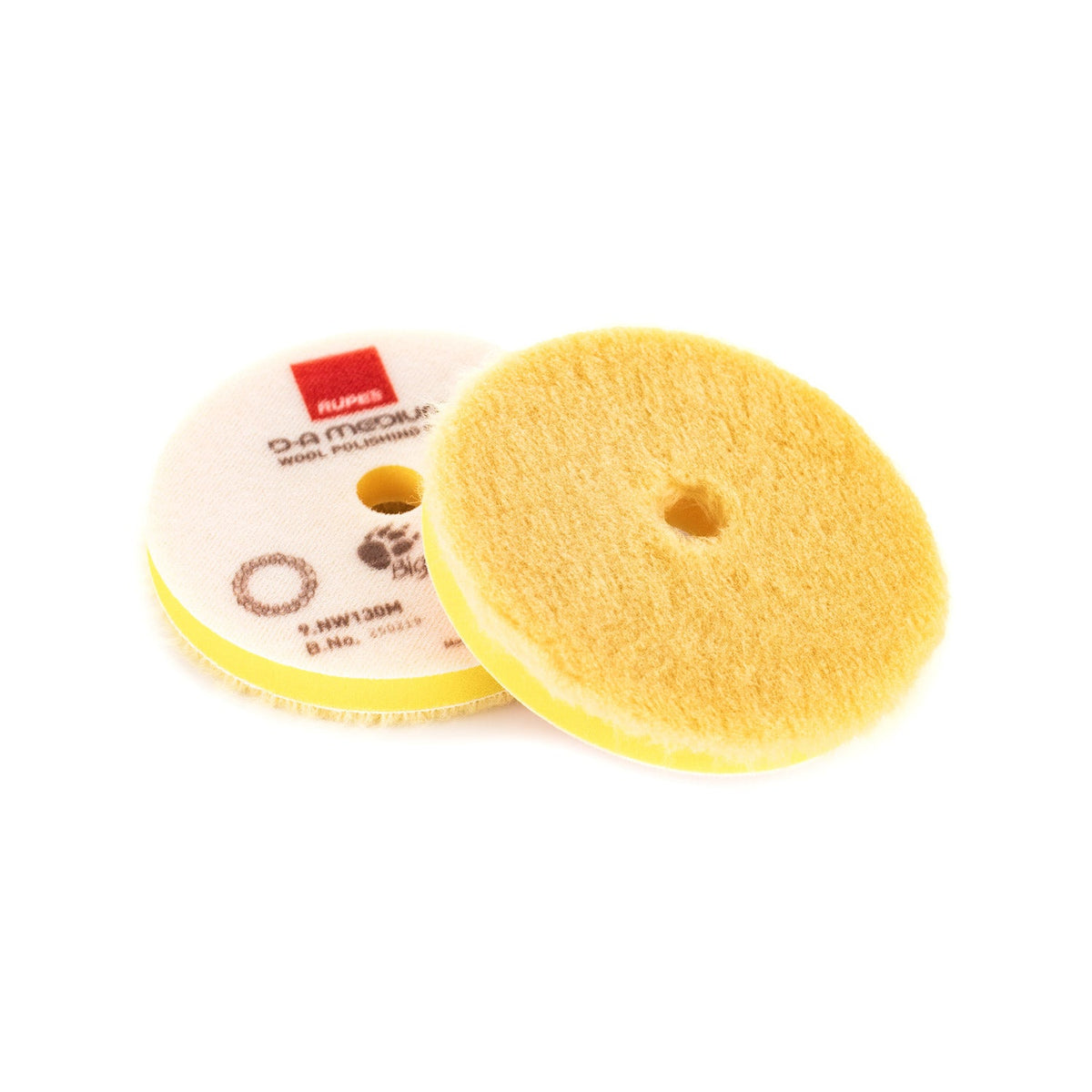 Rupes yellow da medium wool 130mm front and back view on a white background.